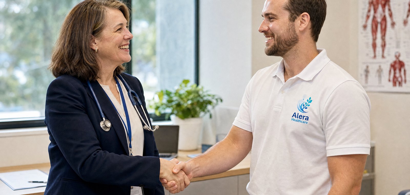 An Alera Healthcare physiotherapist shaking hands with a referrer in a consulting room