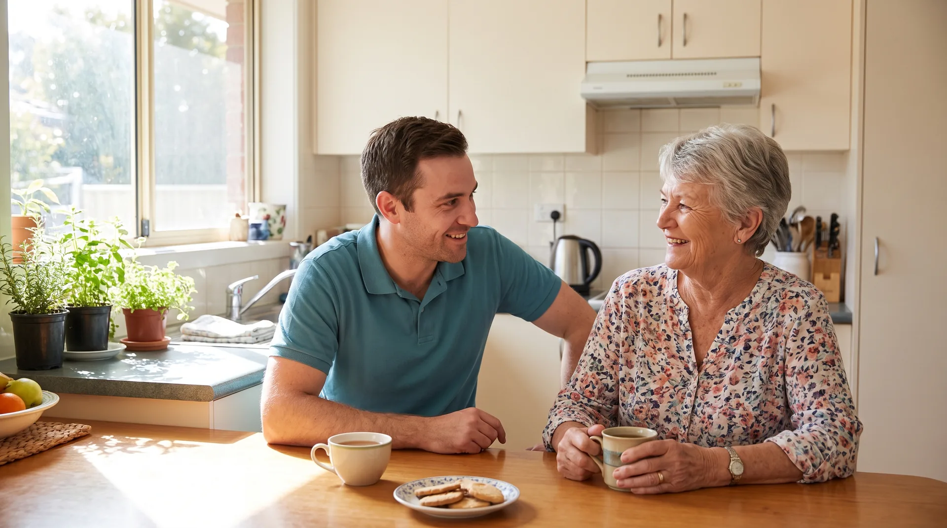 Mobile physiotherapist talking with an older adult at home during a Sydney home visit.
