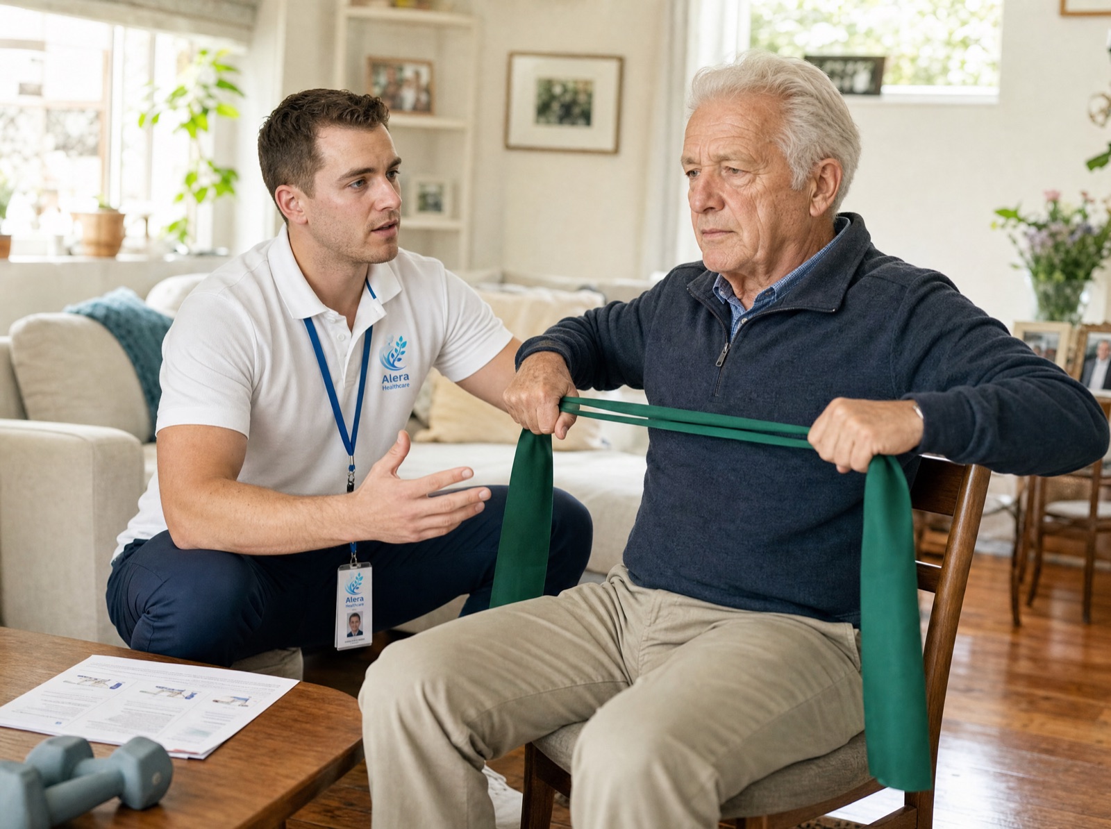 An Alera Healthcare exercise physiologist coaching an older man through a seated resistance band strengthening exercise at home.